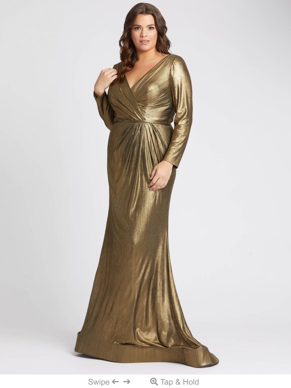 Gold Metallic Draped Long Sleeve Evening Gown - Women Dresses 49073